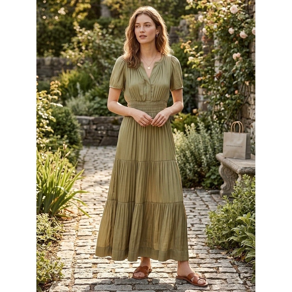 Anthropologie Somerset Maxi Dress Moss Green Smocked Waist Tiered XXS OB1523591
